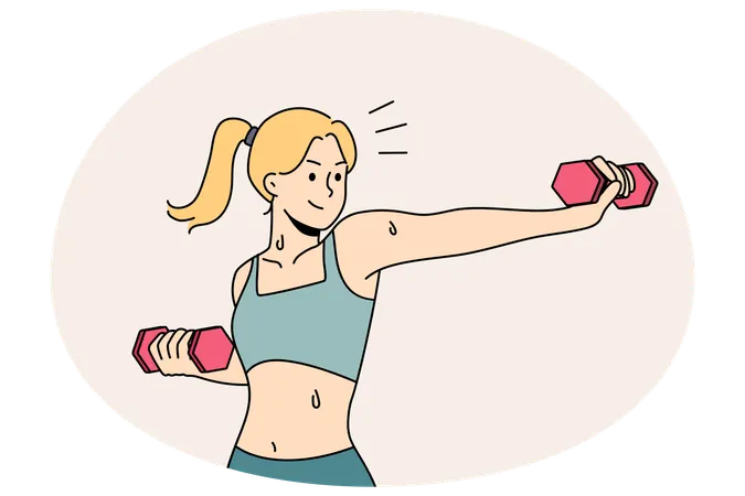 ダンベルを使って体型を整えるトレーニングをするアクティブで健康的な若い女性  イラスト