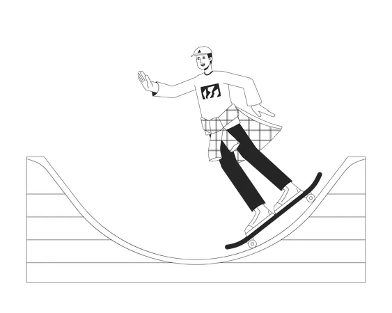 Active Man Riding On Skateboard Flat Line Black White Vector Character Editable Outline Full Body Skater Doing Tricks On Ramp Simple Cartoon Isolated Spot Illustration For Web Graphic Design Illustration