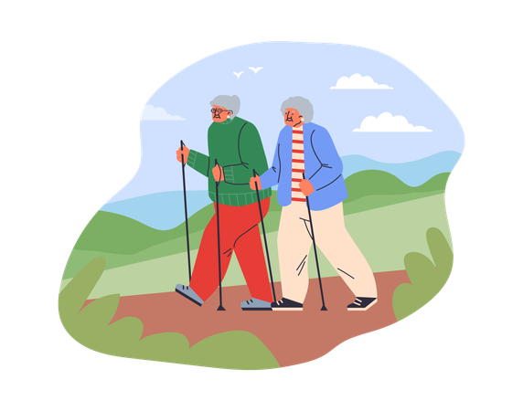 Active pensioners couple doing nordic walking with sticks in natural landscape  Illustration
