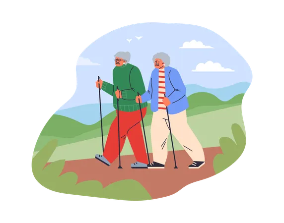 Active pensioners couple doing nordic walking with sticks in natural landscape  Illustration