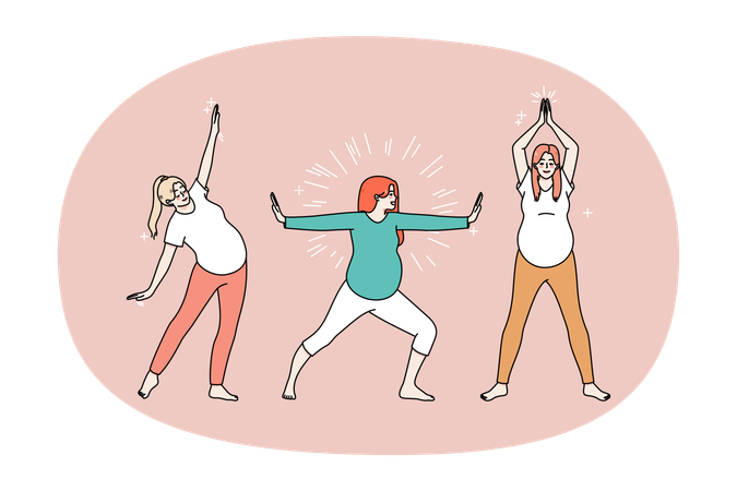Active pregnant women doing morning exercises follow healthy lifestyle  Illustration