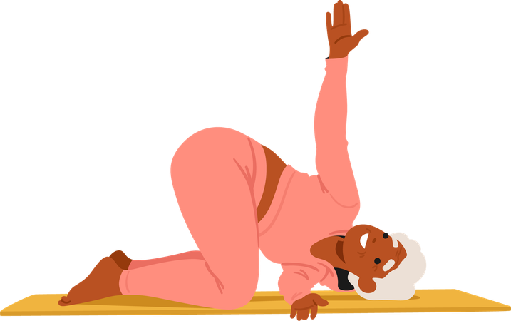 Active Senior Woman In Pink Sportswear Exercising On Mat With Her Knee And Thigh Bent  Illustration