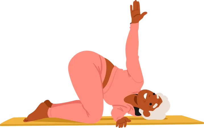 Active Senior Woman In Pink Sportswear Exercising On Mat With Her Knee And Thigh Bent  Illustration