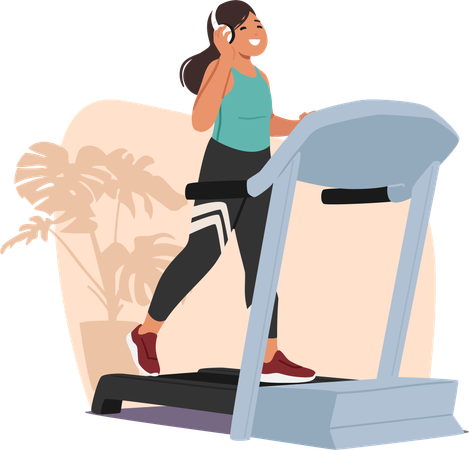 Active teenage girl running using treadmill stationary sports machine at home  Illustration
