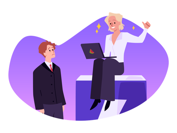 Active young businesswoman with laptop  works efficiently  Illustration