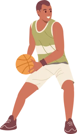 Active Young Man Basketball Player Cartoon Character Standing In Passing Ball Position Vector Illustration Isolated On White Background Young Man Enjoying Street Game Healthy Summer Recreation Time Illustration