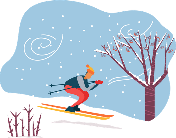Persona de actividad de invierno esquiando cuesta abajo  Ilustración