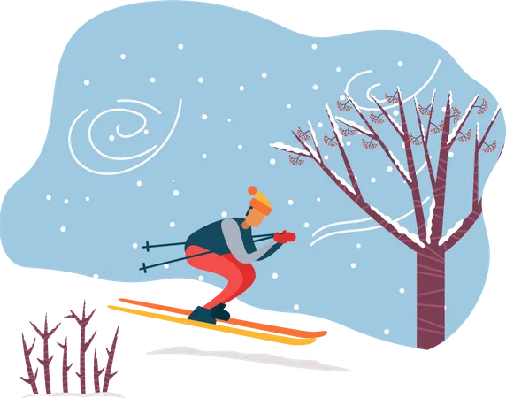 Hombre Personaje Esquiando Con Palos En Una Colina Nevada Con Arboles Actividad Invernal Del Macho Yendo Cuesta Abajo Con Nevadas Y Clima Ventoso Persona Esquiadora Disfrutando De Actividad Extrema Con Vector De Esqui Al Aire Libre Ilustración