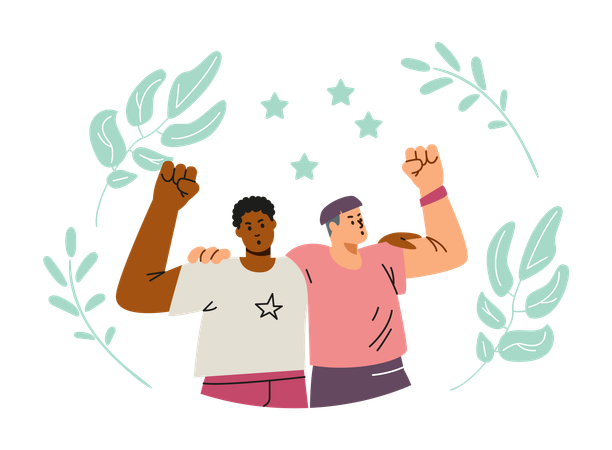 Activists hugged each other and raised their hands in air with their fists clenched  Illustration