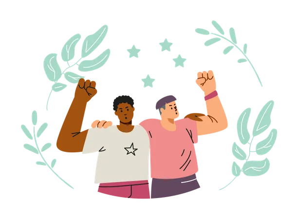 Activists hugged each other and raised their hands in air with their fists clenched  Illustration