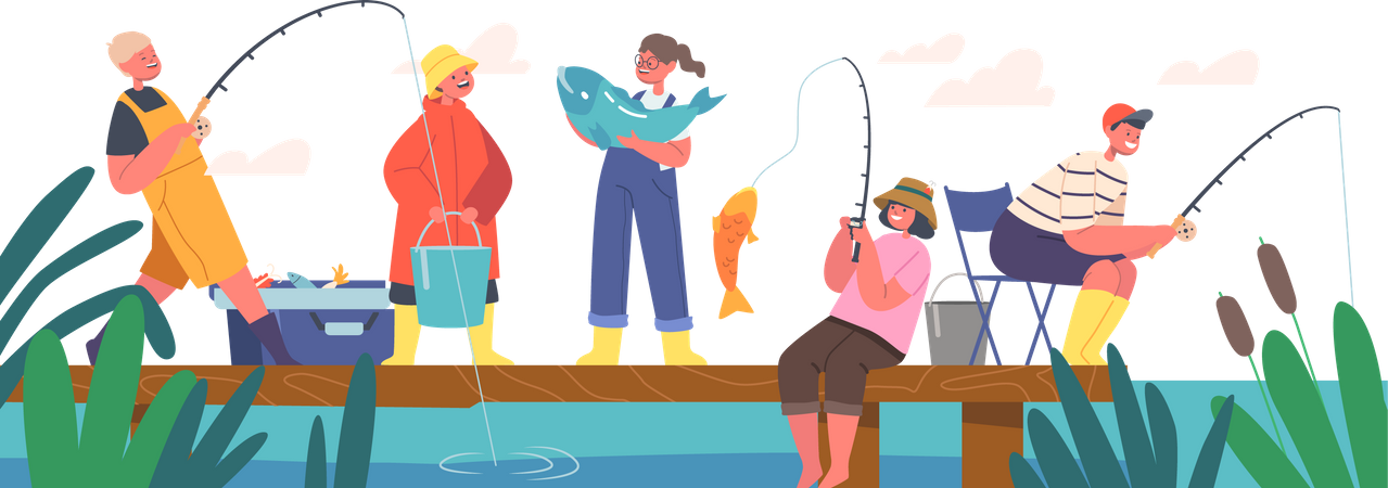 Enfants faisant une activité de pêche au lac  Illustration