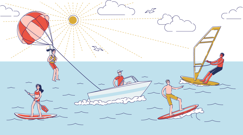 Activités nautiques en été  Illustration