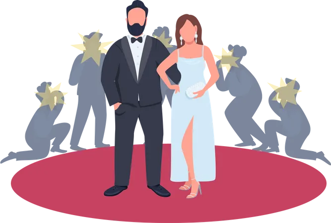Actor and actress in fancy outfits posing on red carpet  Illustration