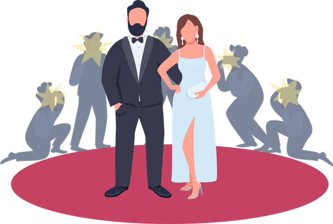 Actor and actress in fancy outfits posing on red carpet  Illustration