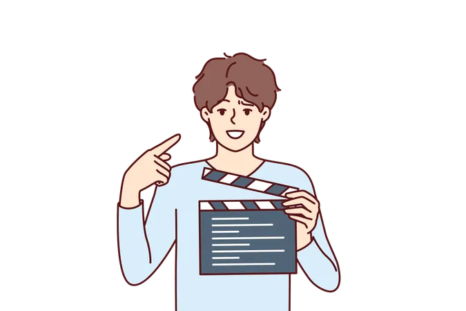 Man Producer With Clapboard In Hands Looks At Screen While Working On Set Of Film Or Clip With Hollywood Actors Guy Director Or Producer Points Finger At Face Recommending Staff Of Set To Smile Illustration