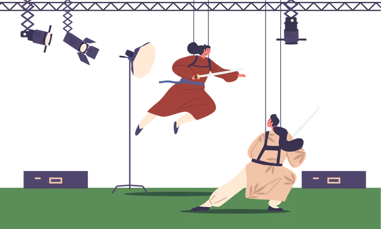 Actor Characters Bringing Scripts To Life Perform Intense Samurai Battle In The Movie Studio During Filming Process Captures Precision Choreography In Action Cartoon People Vector Illustration Illustration