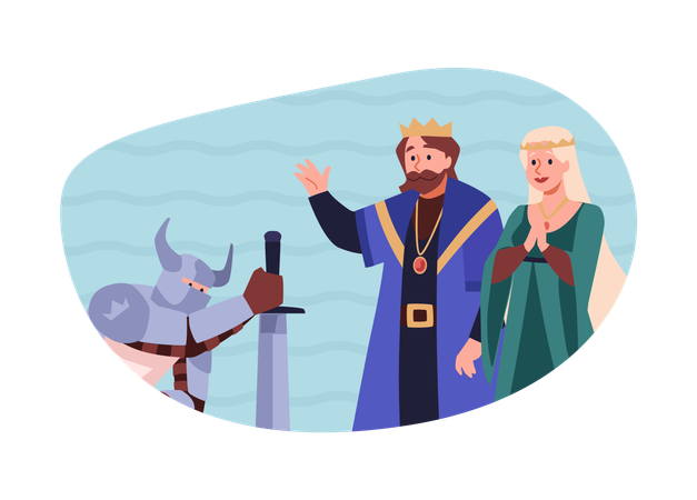 Actores de teatro caballero con armadura y espada de rodillas frente al rey y la reina  Ilustración
