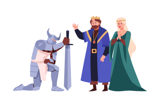 Actores de teatro que representan a un caballero con armadura y espada de rodillas frente al rey y la reina.  Ilustración
