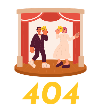Actores en el escenario mostrando mensaje flash de error 404  Ilustración