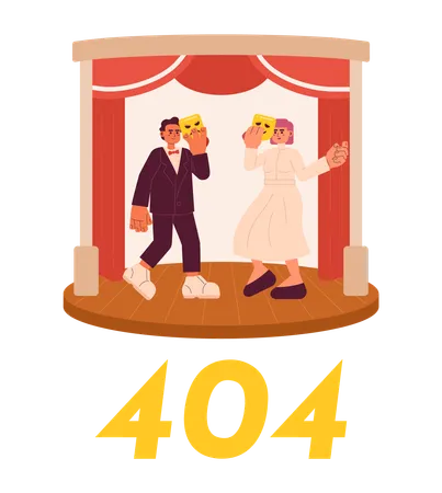 Actors On Stage Error 404 Flash Message Dancing Acting With Comedy And Tragedy Mask Empty State Ui Design Page Not Found Popup Cartoon Image Vector Flat Illustration Concept On White Background Illustration