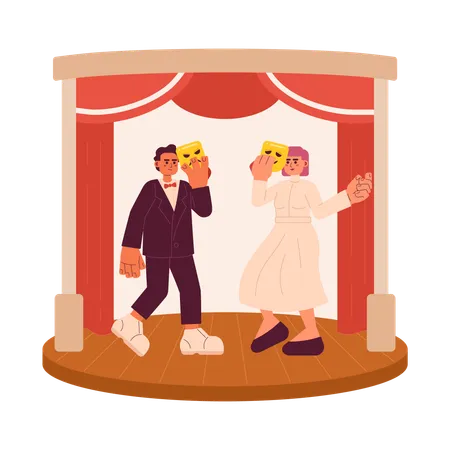 Theatre Performance 2 D Vector Isolated Spot Illustration Creative Hobby Talented Flat Man And Woman Holding Masks And Acting On Stage On White Background Colorful Editable Scene Illustration