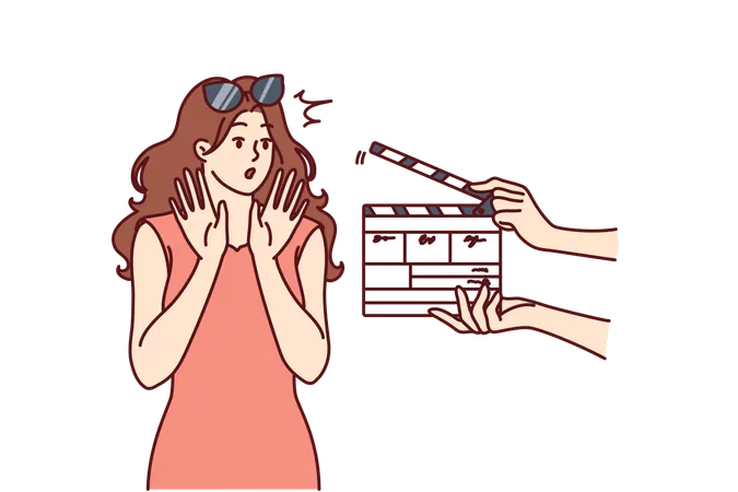 Woman Movie Star Is Embarrassed Sees Clapboard Passing Casting Call For Role In Popular Series Or Tv Show Movie Star Girl Waving Hands Not Wanting To Film Or Answer Questions From Reporters イラスト