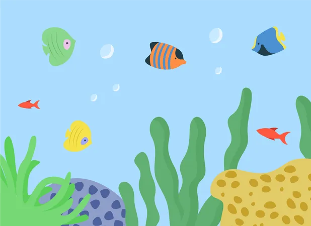 Acuario con especies submarinas de peces y algas  Ilustración