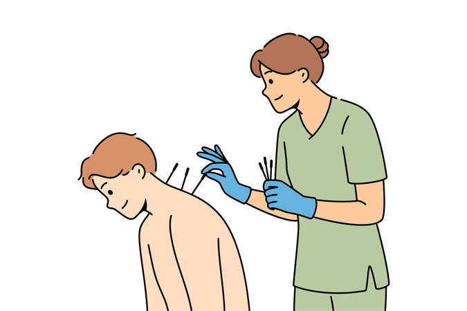 Acupuncture procedure from eastern alternative medicine for man sitting near woman doctor  Illustration