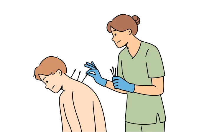 Acupuncture procedure from eastern alternative medicine for man sitting near woman doctor  Illustration