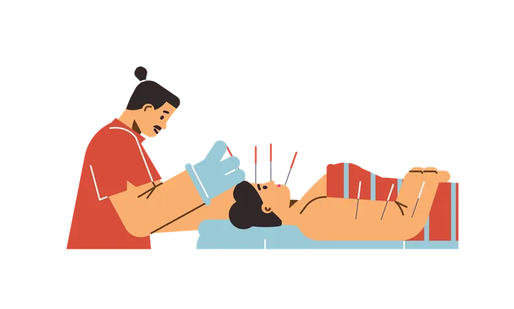 Acupuncturist inserts needles into face of patient  Illustration