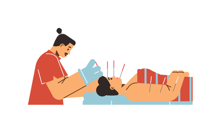 Acupunturista inserta agujas en la cara del paciente  Ilustración