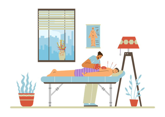 El acupunturista inserta agujas en la espalda del paciente.  Ilustración