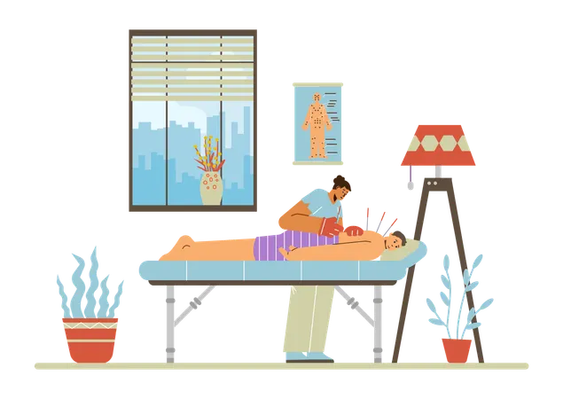 El acupunturista inserta agujas en la espalda del paciente.  Ilustración