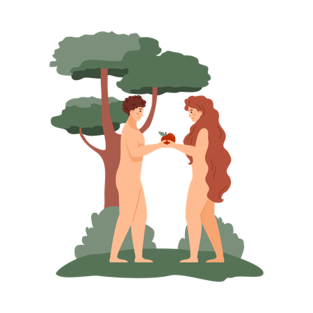 Adam and Eve in paradise under tree  Illustration