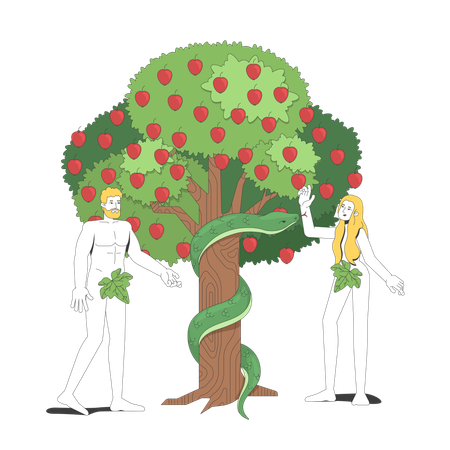 Adam et Eve avec le serpent à l'arbre de la connaissance  Illustration