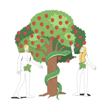 Adam et Eve avec le serpent à l'arbre de la connaissance  Illustration