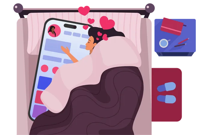 Addicted Girl Using Phone At Night Insomnia And Bad Habits Vector Illustration Cartoon Bedroom Top View Woman Lying In Bed With Big Smartphone Social Media Profile With Hearts On Cellphone Screen Illustration