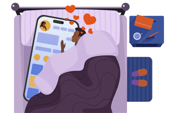 Addicted Man Using Phone At Night Insomnia And Bad Habits Vector Illustration Cartoon Bedroom Top View Boy Lying In Bed With Big Smartphone Social Media Profile With Hearts On Cellphone Screen Illustration