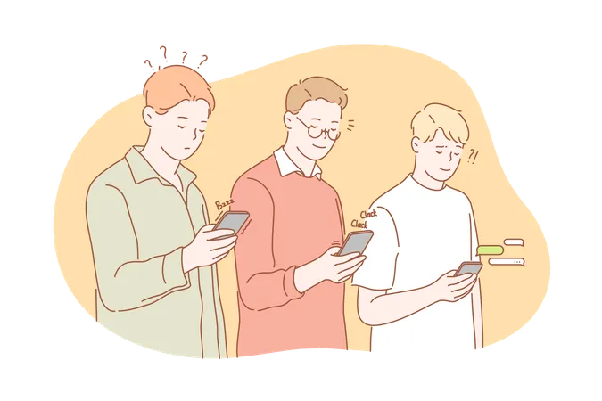 Social Media Or Network Addiction Concept Group Of Men Are Addicted To Social Media Young Man Is Chatting Online Guy Got Notion At The Mobile Phone Happy Boy Types Message In Social Network Illustration