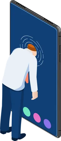 Flat 3 D Isometric Businessman Push His Head Into Smartphone Smartphone Addiction Concept イラスト