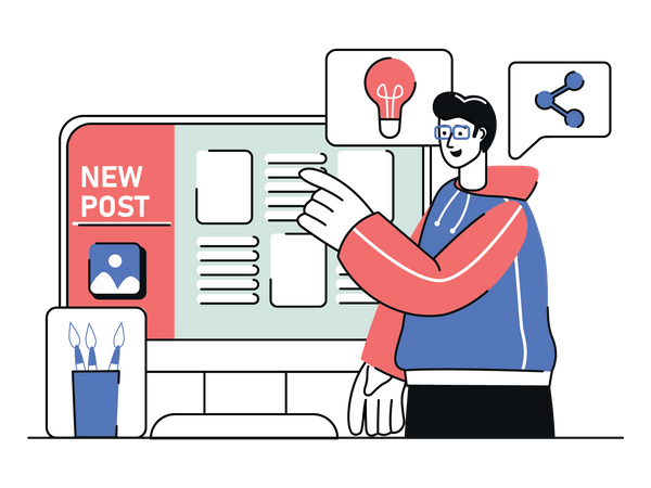 Administrador de contenido publicando una nueva publicación en las redes sociales  Ilustración