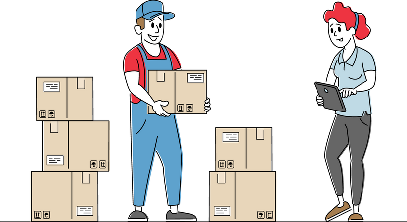 Gerente de Inventario Contabilidad de Bienes en Cajas de Cartón en Rack en Almacén  Ilustración