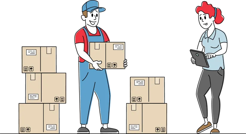 Gerente de Inventario Contabilidad de Bienes en Cajas de Cartón en Rack en Almacén  Ilustración