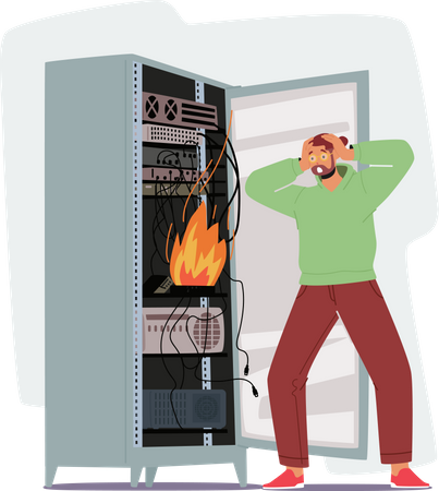 Administrador do sistema fazendo manutenção em racks de servidores com fogo ardente dentro  Ilustração