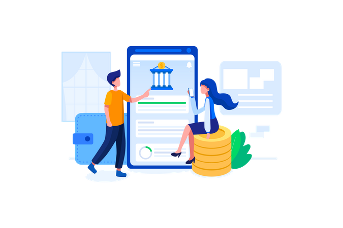 Administrar cuenta bancaria usando teléfono inteligente  Ilustración