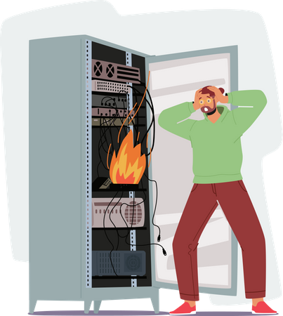 Administrateur système entretenant des racks de serveurs avec Burning Fire à l'intérieur  Illustration