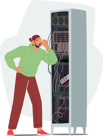 Administrateur système travaillant avec un rack de serveur  Illustration