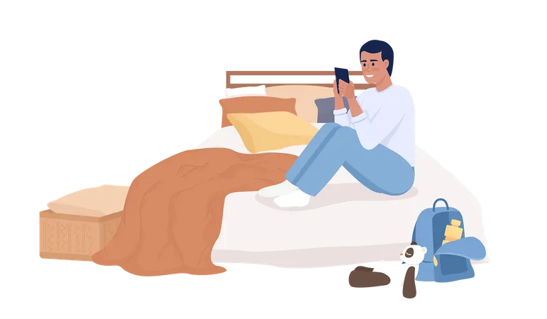 Adolescent avec smartphone assis sur le lit  Illustration