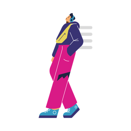 Adolescent debout et écoutant des écouteurs en attendant  Illustration