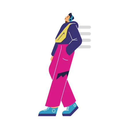 Adolescent debout et écoutant des écouteurs en attendant  Illustration
